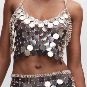 MANGO Silver Disc Pallet Chain Open Back Top $125 EUC Small